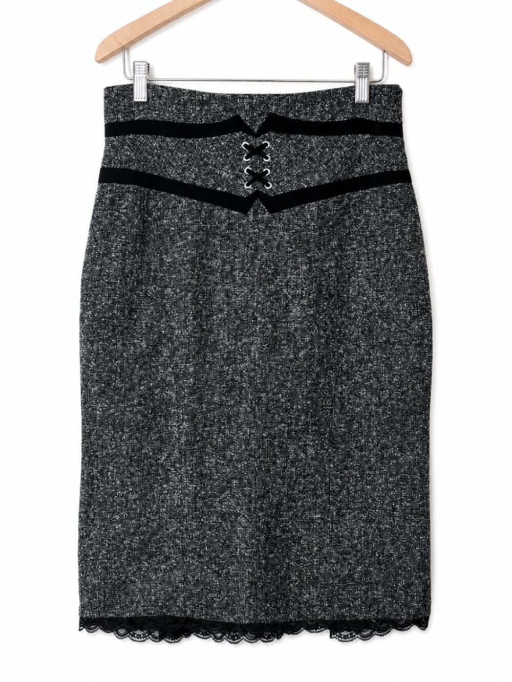 Worthington 10P Tweed Corset Waist Pencil Skirt Lace Hem Dark Academia Goth